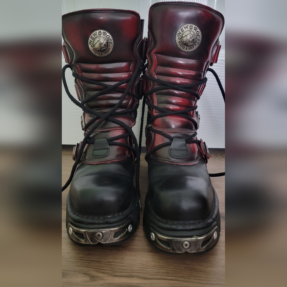 Men's Black and Red Leather Boots with Metal Accents